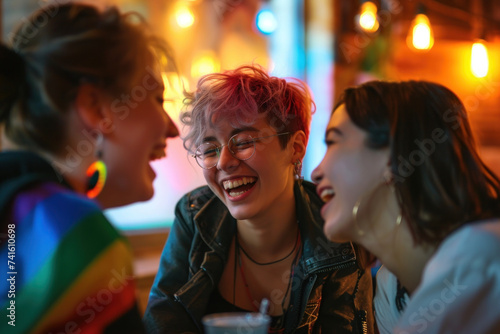 Joyful Friends Sharing a Laugh at a Cozy Caf   with Warm Ambient Lighting