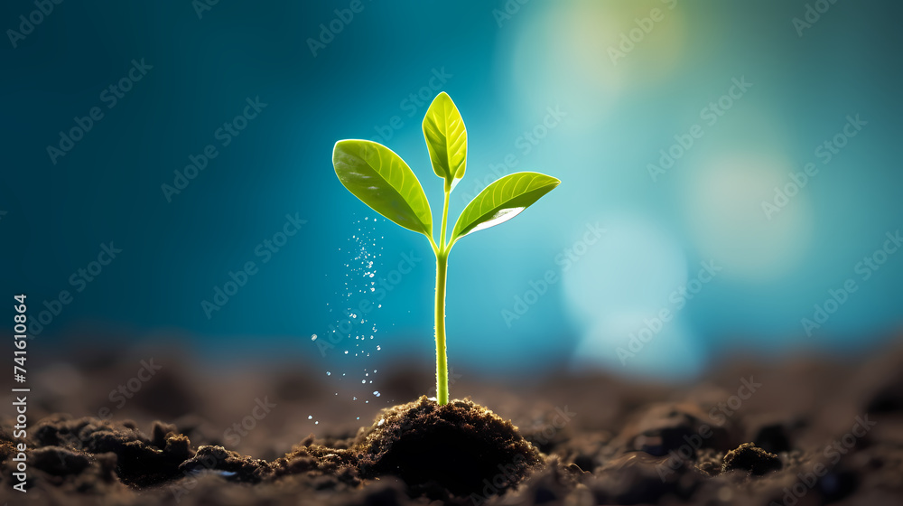 Planting young trees sprouting in soil on green background network and connection concept Planting young trees sprouting in soil on green background network and connection concept