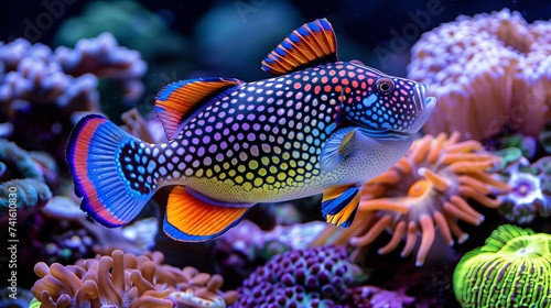 Blue jaw triggerfish swimming among colorful corals in saltwater aquarium environment © Ilja