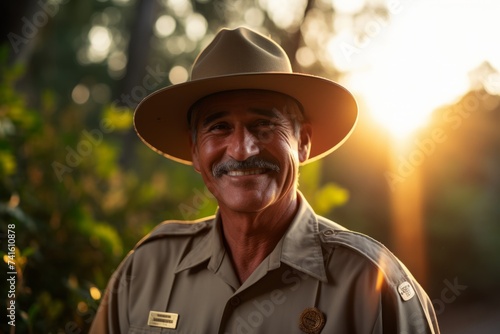 An image capturing the essence of a park ranger's life, standing amidst the lush forest, with the sun setting in the background