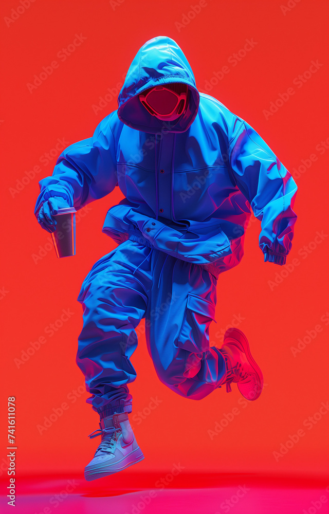 Dynamic Dance Pose with Coffee Cup in Blue Tracksuit and Red Background Dynamic Dance Pose with Coffee Cup in Blue Tracksuit and Red Background