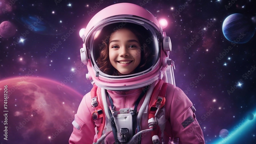 person in space _A cute girl astronaut with a pink suit and a helmet. The girl is flying in a colorful space person in space _A cute girl astronaut with a pink suit and a helmet. The girl is flying in a colorful space