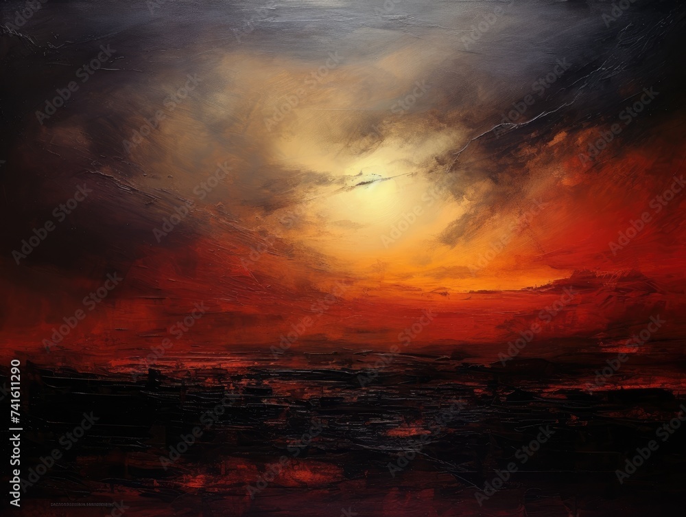 Obraz premium A painting depicting a vibrant sunset casting warm hues over a tranquil body of water, creating a serene and beautiful scene.