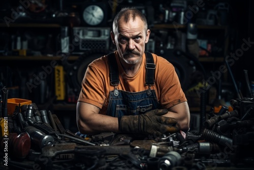 In the heart of a chaotic workshop, a seasoned industrial mechanic, his hands smeared with grease, stands with a look of pride and determination