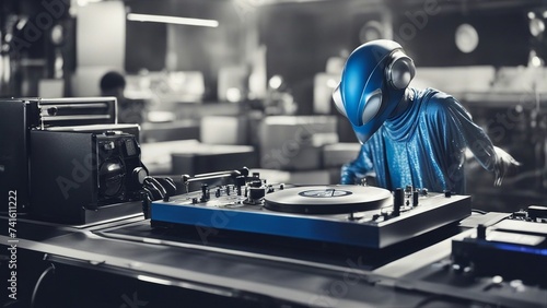 close up of a player _A cool space alien dj, at a DJ turntable with a blue and silver color scheme   photo