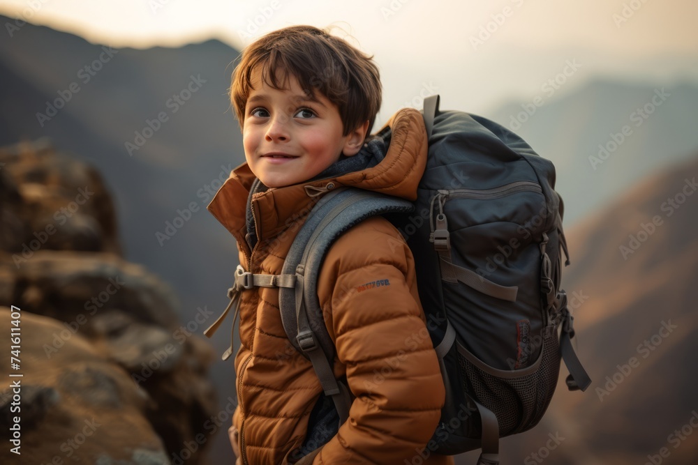 Boy with a backpack on the background of the mountains at sunset. Boy with a backpack on the background of the mountains at sunset.