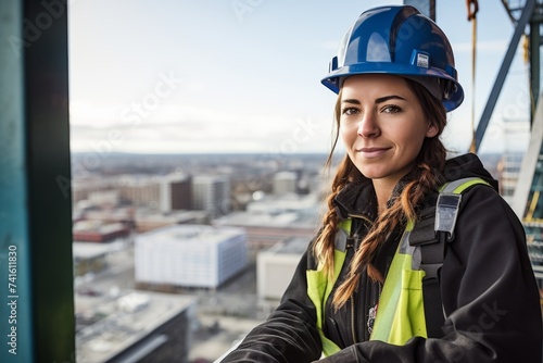 Empowering Image of a Woman Crane Operator Overseeing a Hectic Construction Site from Her Crane
