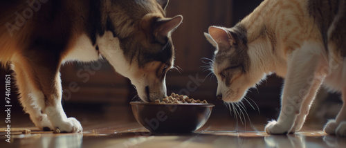 A harmonious moment between a dog and cat sharing a meal, symbolizing companionship and domestic life