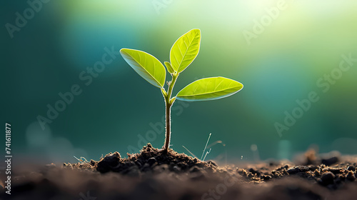 Planting young trees sprouting in soil on green background network and connection concept