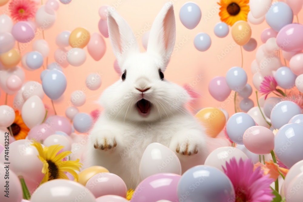 Fluffy cute bunny, painted Easter eggs, spring flowers. Festive composition, funny Easter card with animal. Delicate pastel colors. Easter background Fluffy cute bunny, painted Easter eggs, spring flowers. Festive composition, funny Easter card with animal. Delicate pastel colors. Easter background