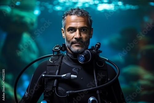 Portrait of a handsome man scuba diver at the underwater background © Nerea