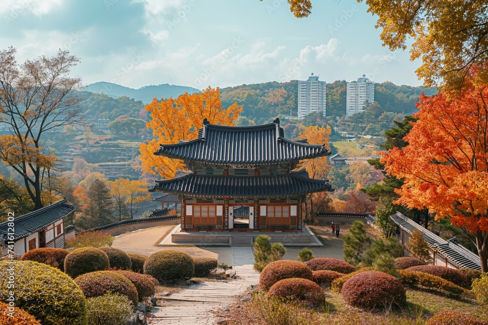 South Korean tradition, Hanok village, Hanok landscape, and the appearance of Haenggung Palace.  generative ai - obrazy, fototapety, plakaty 
