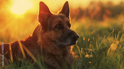 An awe-inspiring portrait of a German Shepherd mix, illuminated by the warm hues of sunset, its gentle gaze reflecting the tranquility of the evening as it rests peacefully amidst the verdant grass. © alishba Lishay