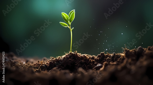 Planting young trees sprouting in soil on green background network and connection concept © ma