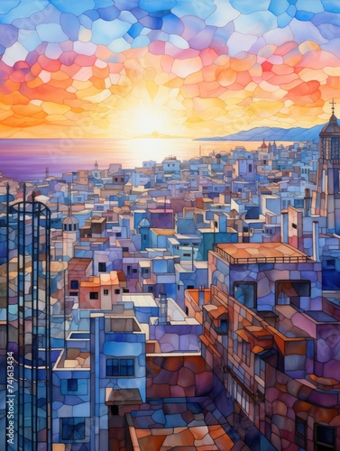 A vibrant painting showcasing a sunset casting warm hues over the silhouette of a city skyline, with buildings and skyscrapers under the colorful sky.