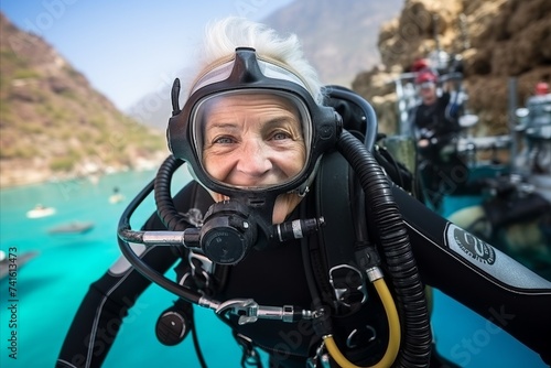 Senior woman scuba diver wearing a mask and snorkeling gear