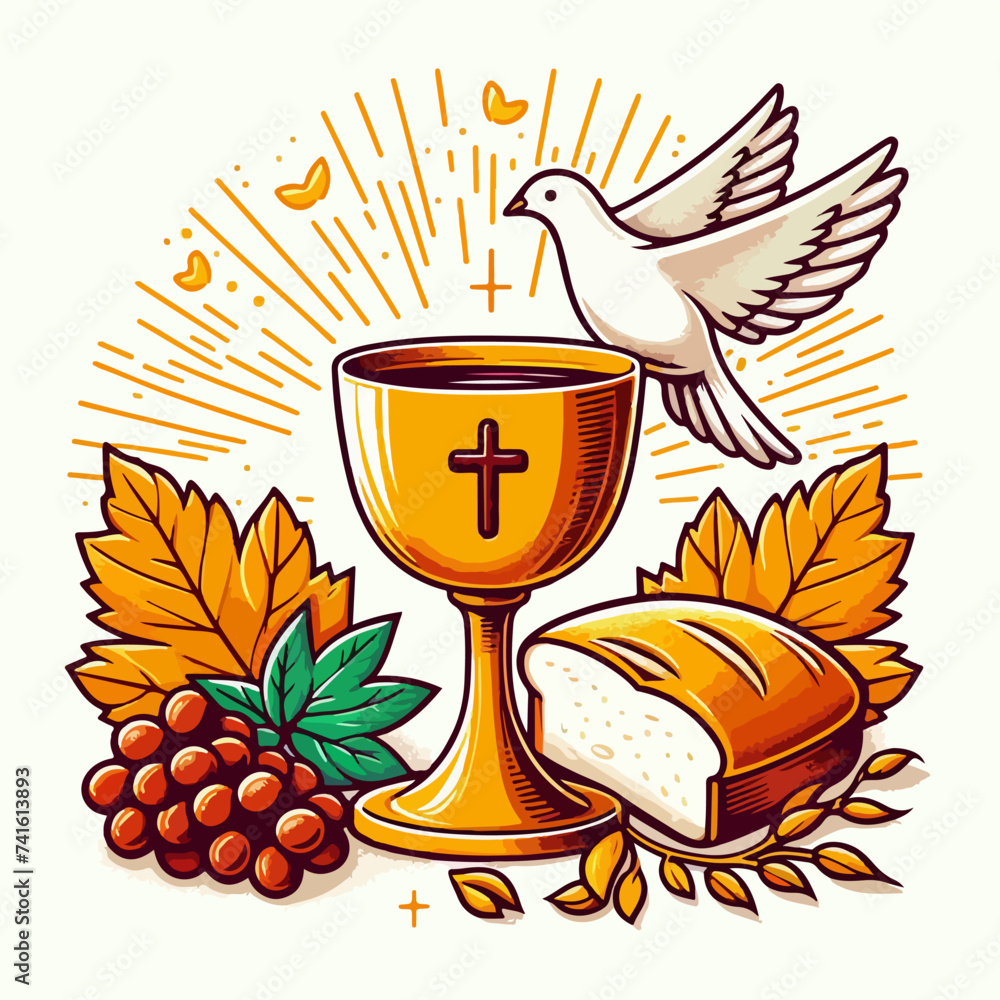 Chalice host bread and grapes First communion vector