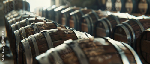 Rows of aged wine barrels rest in the dim light, capturing the timeless art of winemaking photo