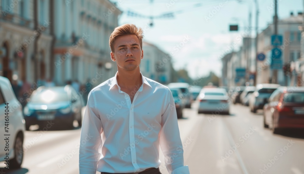 attractive man walks along a city street attractive man walks along a city street