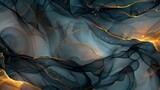 Luxurious abstract fluid art painting in alcohol ink, dreamy wallpaper with transparent waves and golden swirls. Ideal for posters, banners, packaging, and other printed materials