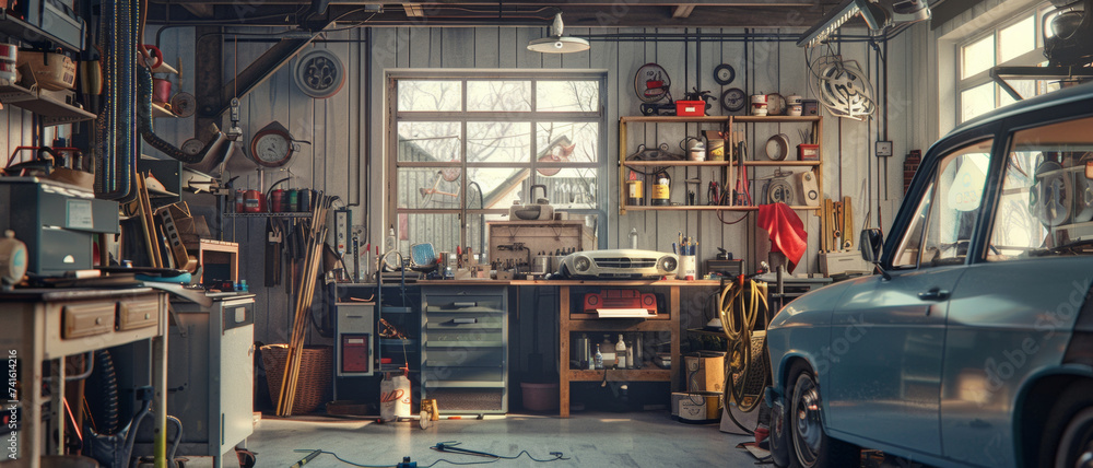 A well-equipped garage workshop reveals a mechanic's domain, a sanctuary of tools and creativity