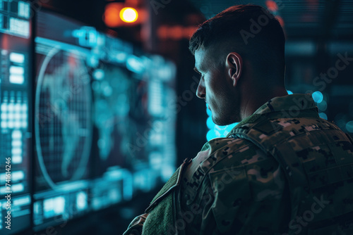 Mission Oversight - Soldier Monitoring Critical Data on Military Control Panel