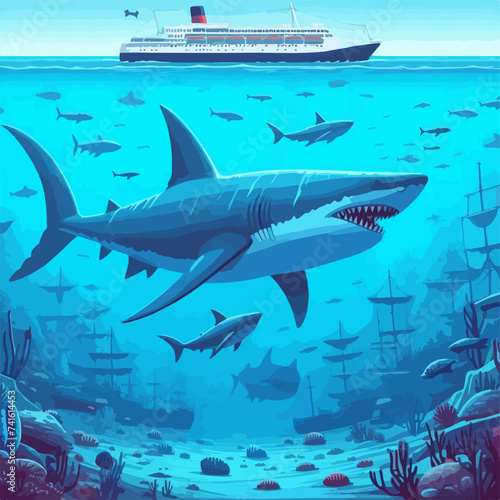 megalodon shark under ship on the sea hand drawn