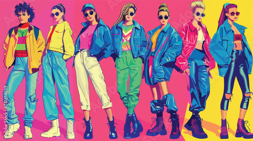 Vibrant 90s Fashion Models Colorful Outfits and B
