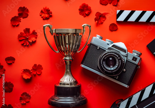 A celebratory flat lay with a trophy, film festival laurels, a vintage camera, and a clapperboard to signify recognition and success minimalistic, highly detailed