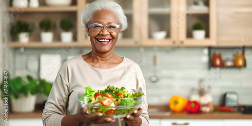 African-American old retired lady woman smiling happily and holding a healthy vegetable salad bowl on blurred kitchen background. Senior healthy lifestyle living eating habits long life concept