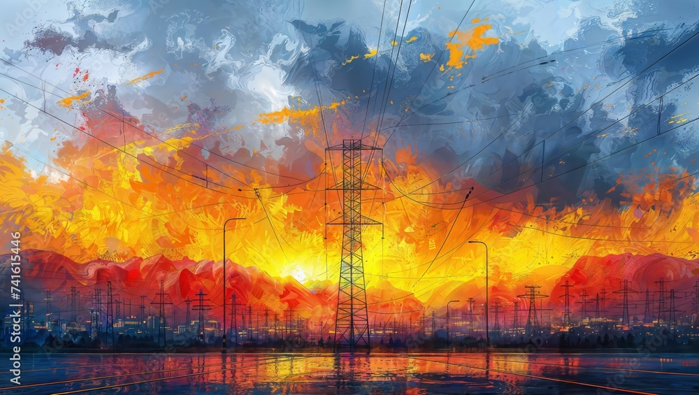 Blazing City on Fire: Dramatic abstract painting with fiery skies.