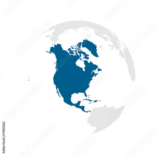 North America continent dark blue highlighted silhouette on Earth globe. Vector illustration