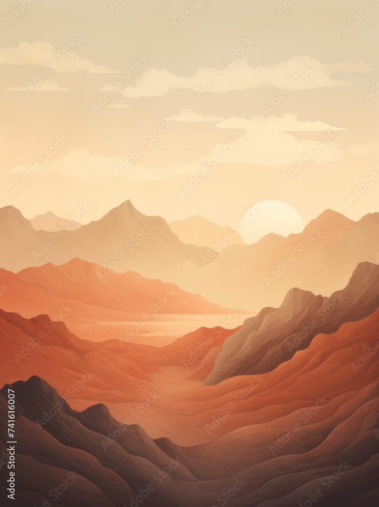 A painting depicting a barren desert with towering mountains in the distance. The arid land contrasts with the rugged peaks under a clear sky.