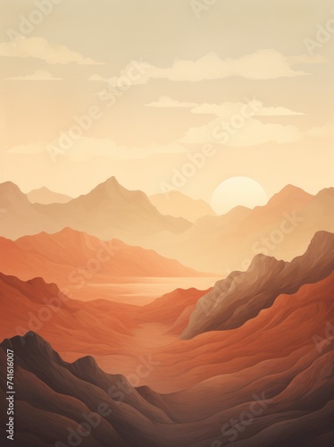 A painting depicting a barren desert with towering mountains in the distance. The arid land contrasts with the rugged peaks under a clear sky. © pham