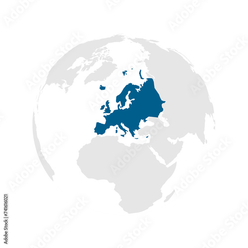 Europe continent dark blue highlighted silhouette on Earth globe. Vector illustration