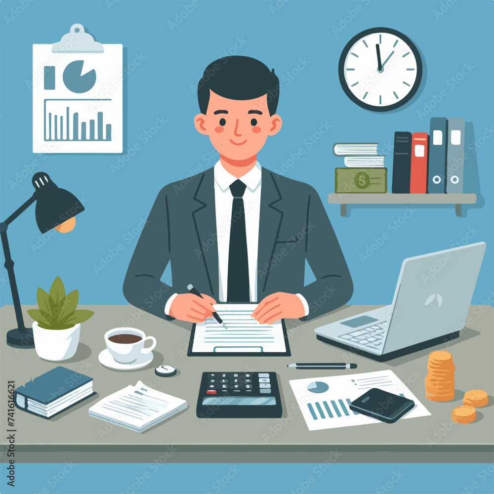 busy man desk financial accountant multiple tasking job illustration busy man desk financial accountant multiple tasking job illustration