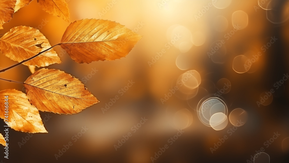 Beautiful blurred autumn background with yellow-gold leaves in the rays of sunlight on a dark natural background. 