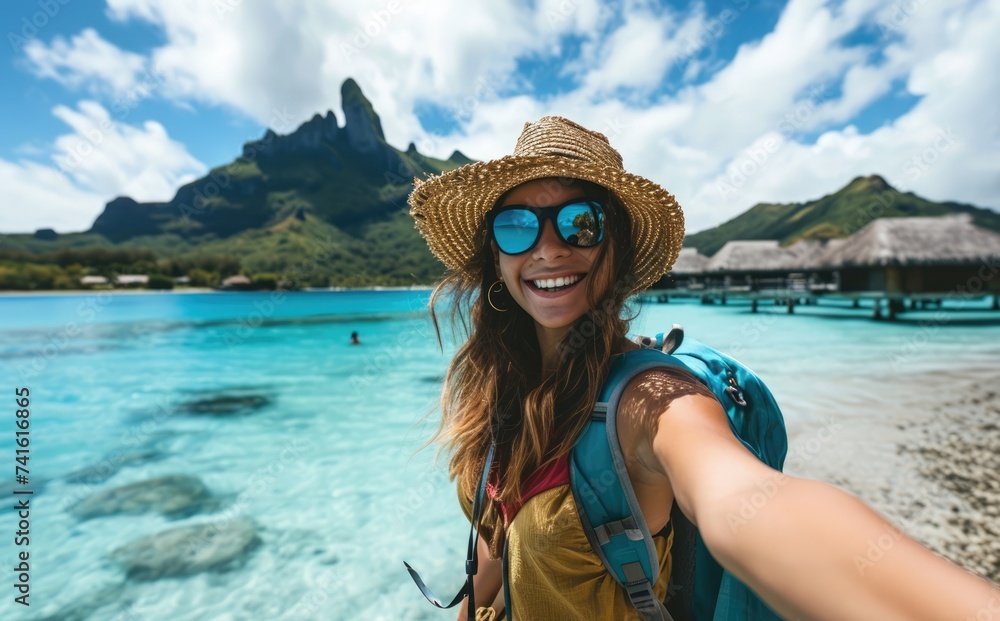 Tropical Escape: Woman Influencer Captures Selfies with Backpack in Bora Bora, Showcasing Paradise Vibes and Summer Adventure to Followers.