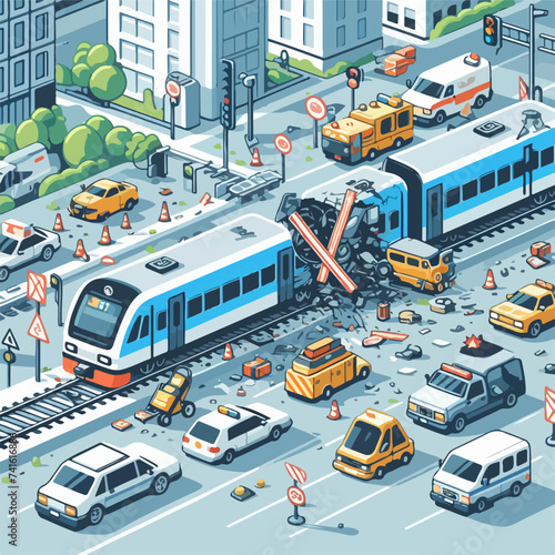 train crash with car wreck vector flat
