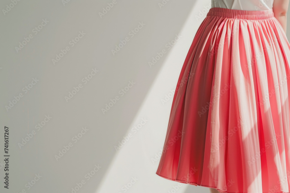 Coral Red Pleated Skirt in Sunlight with a Minimalist Aesthetic
