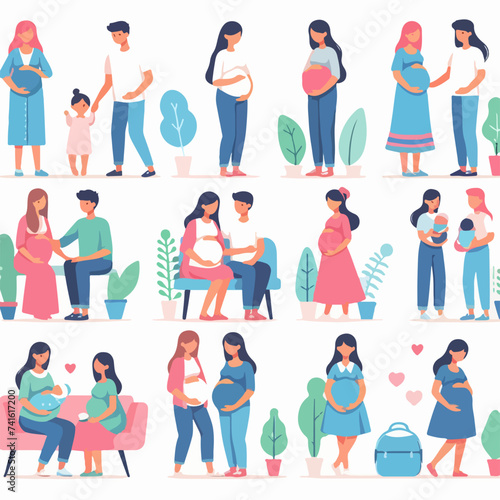 set character Happy pregnant woman holds her belly