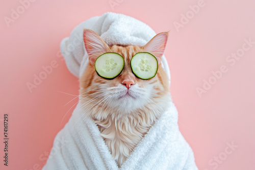 Cat relaxing in spa with cucumber slices on eyes. Cute cat in a bathrobe and turban on spa treatments after bath. Beauty procedures, wellness, relaxation concept. Pet grooming, domestic pets treatment photo