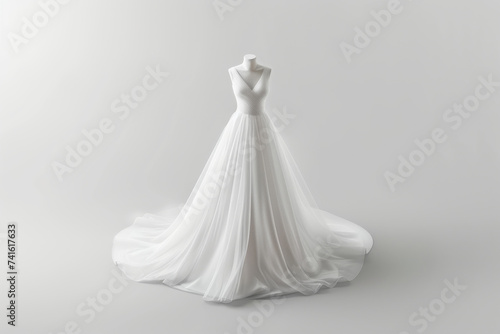 Elegant White Wedding Dress on Mannequin with Luxurious Flowing Train