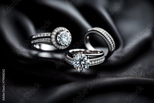 jewelry rings with diamond on black cloth, soft focus