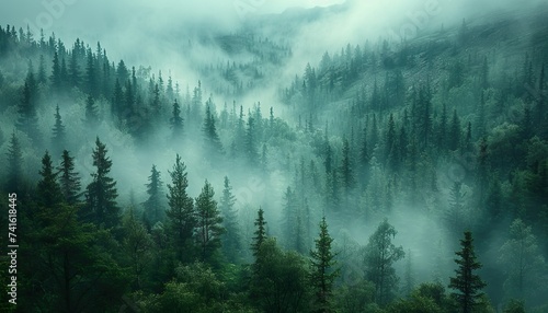Misty landscape featuring a fir forest in a vintage retro aesthetic photo