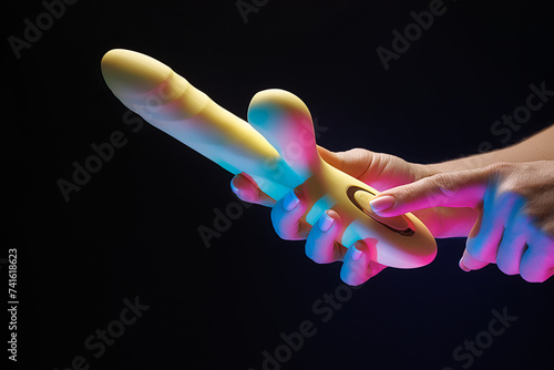 The woman's hands hold the vibrator and turn on the button on it to make it work Sex toy clitoral vibrator on a black background with neon lights.