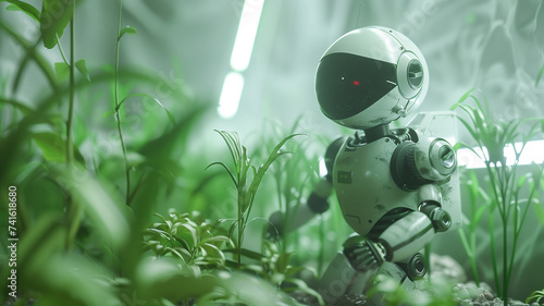 A robot tending to plants in an indoor garden