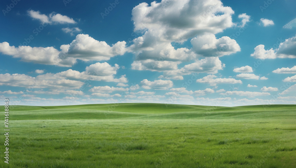 Field with short green grass under a blue sky with white clouds Field with short green grass under a blue sky with white clouds