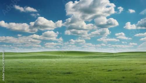 Field with short green grass under a blue sky with white clouds © alexx_60
