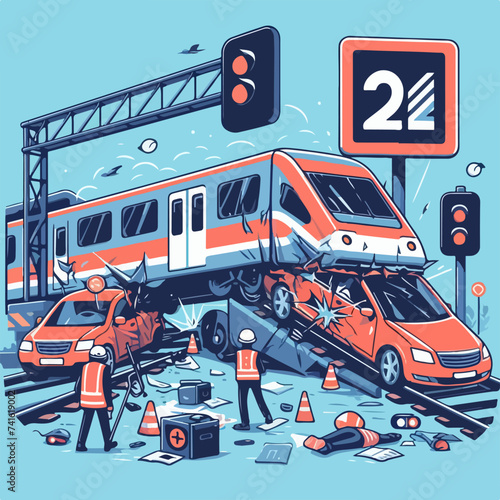train accident scene with car at railway crossing vector